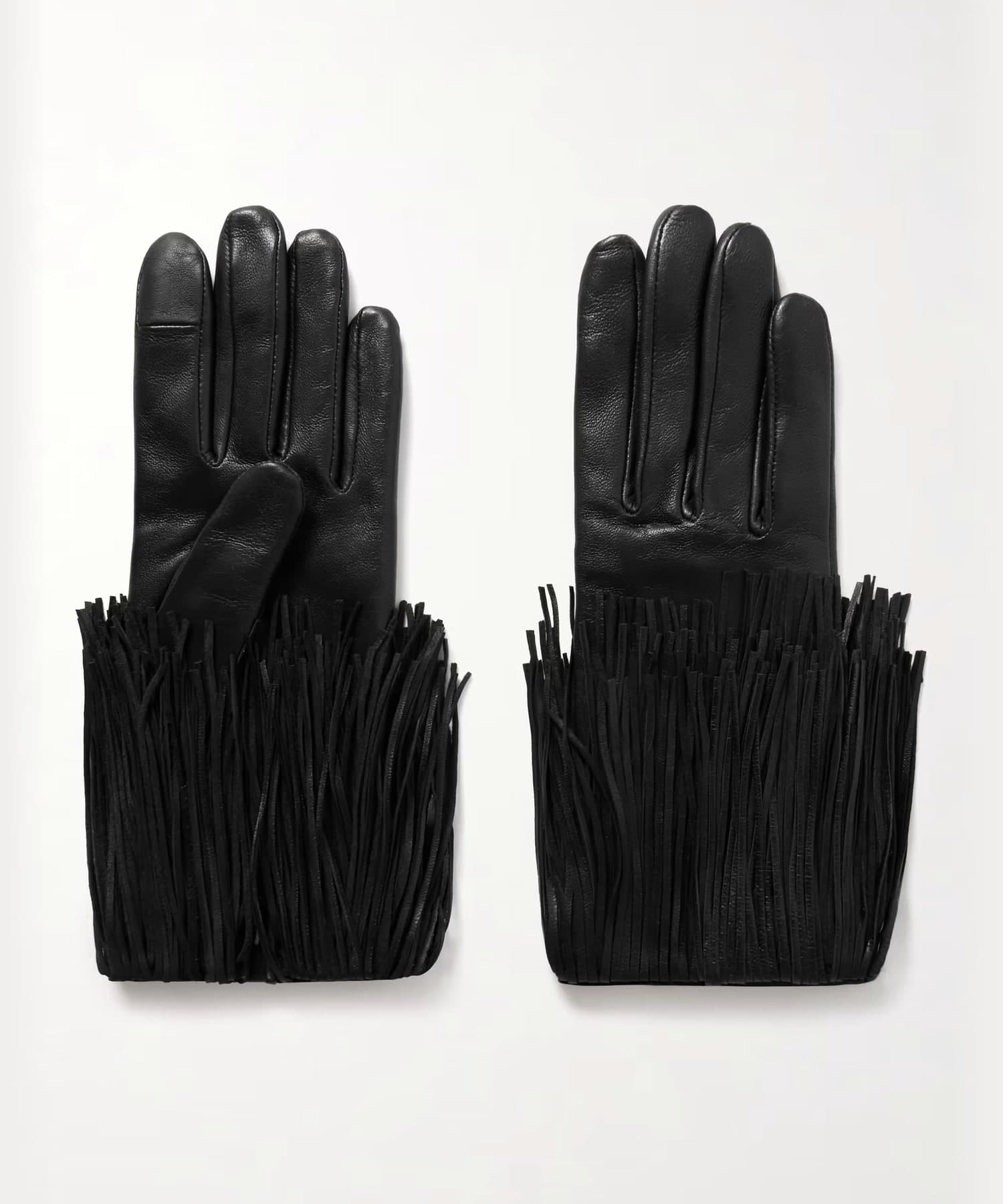 black sheepskin nappa leather gloves with a deep fringe at the wrist and a touchscreen tip on the index finger, laid flat