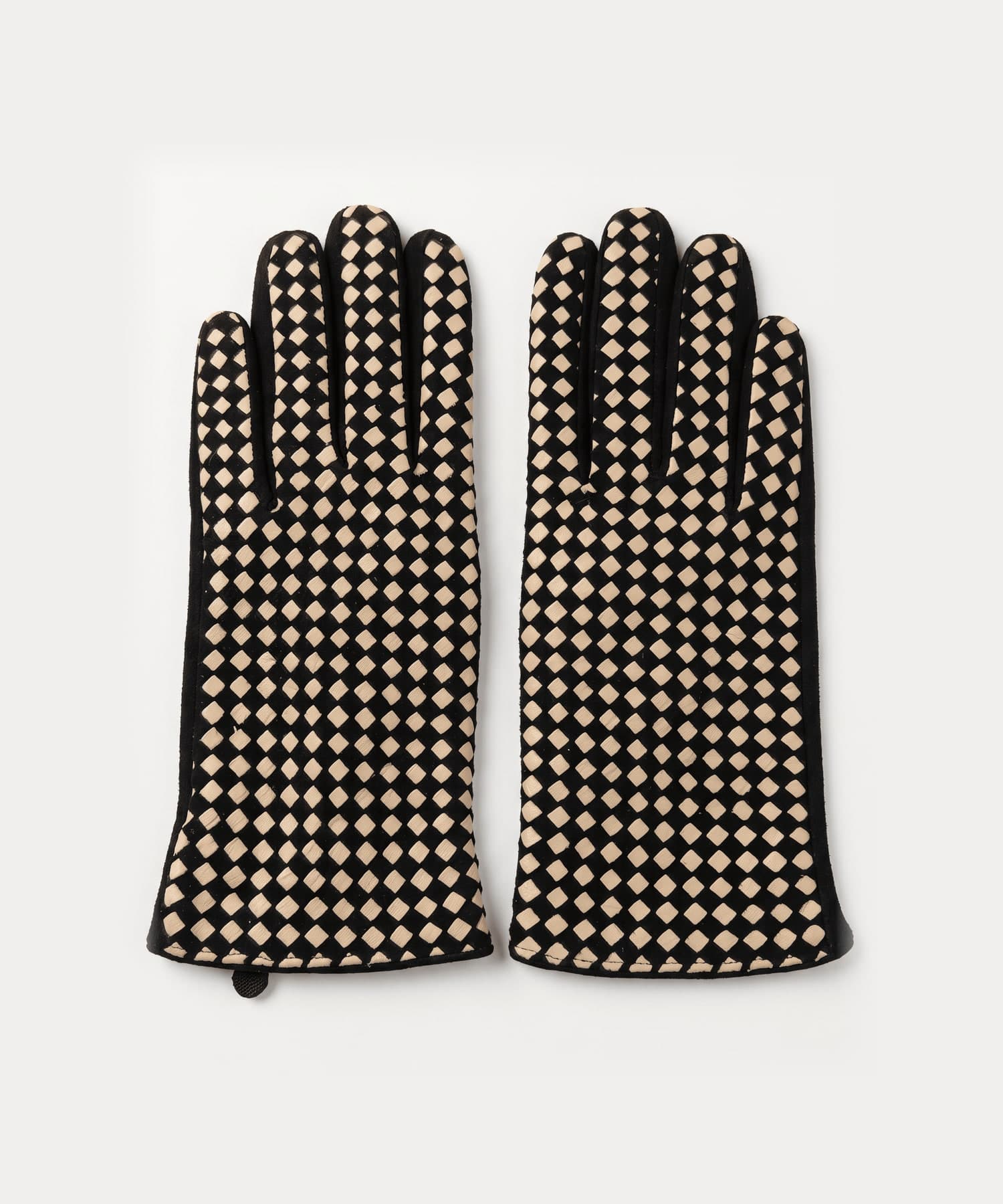 black suede gloves with a cream checkerboard back, front
