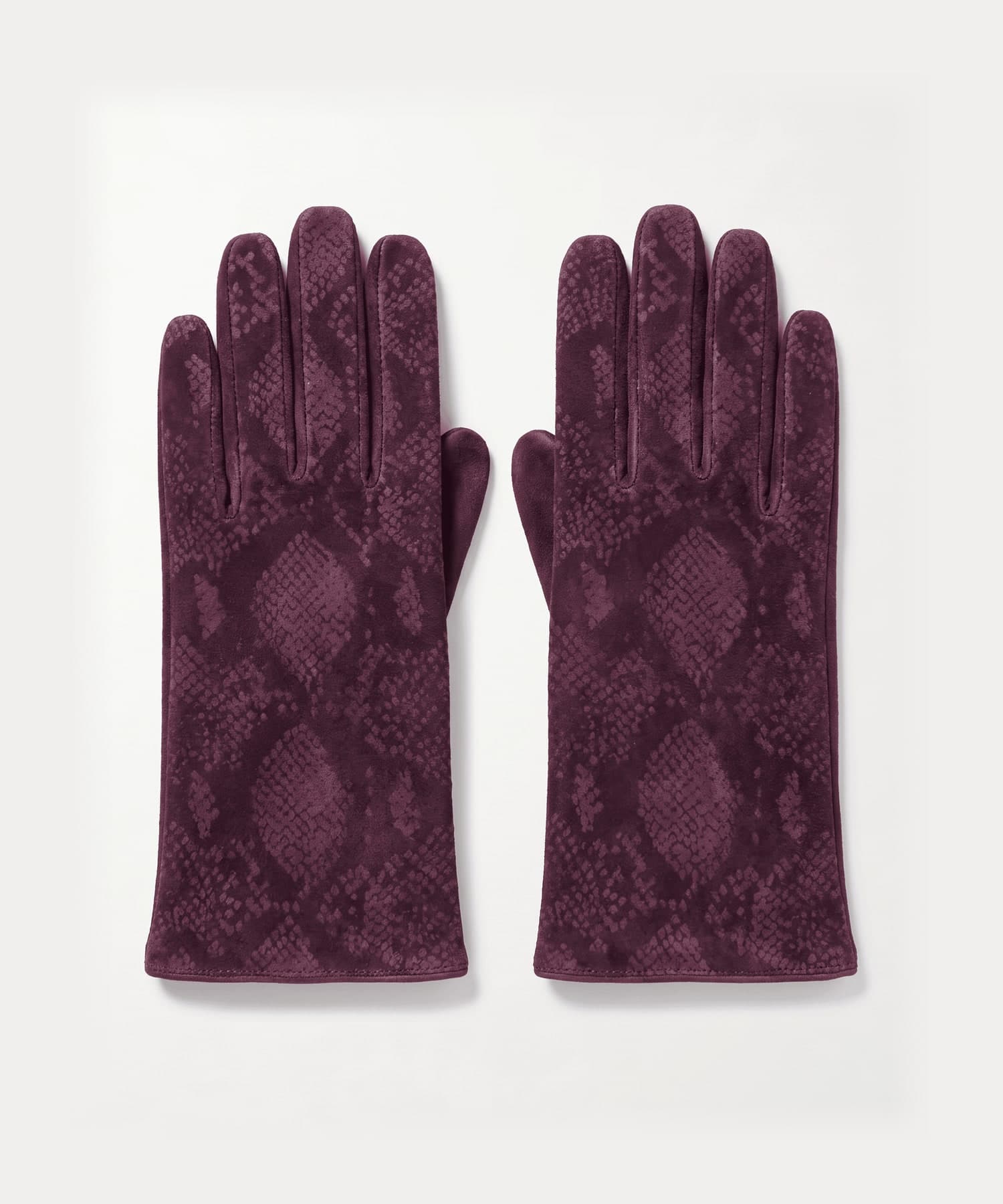 plum suede gloves with a python print, front