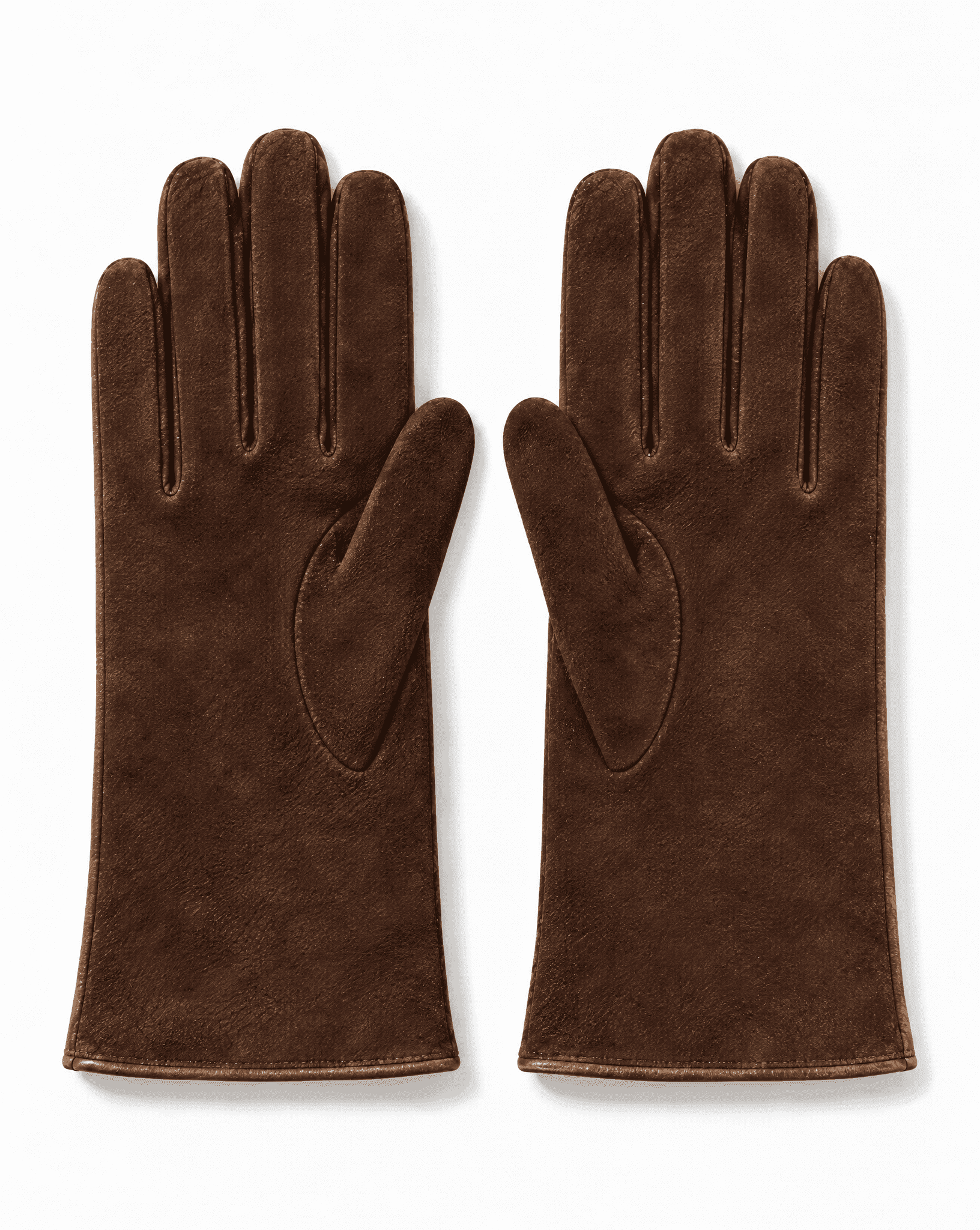 brown suede gloves with a python print, palm side