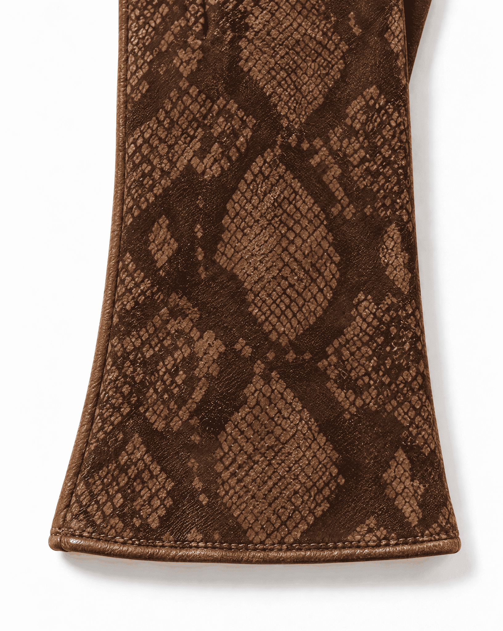 brown suede gloves with a python print, detail