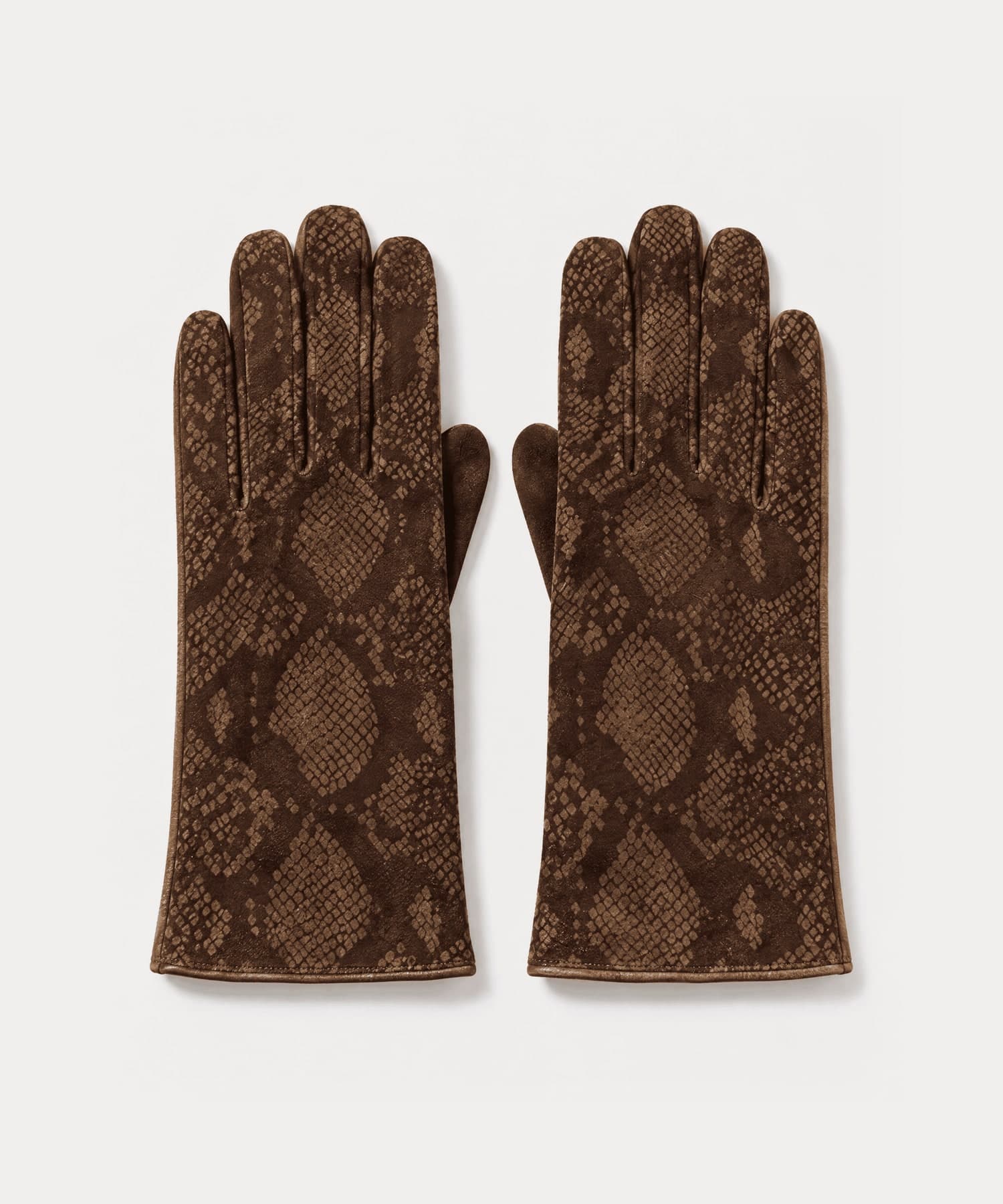 brown suede gloves with a python print and a tan leather edge at the wrist, front