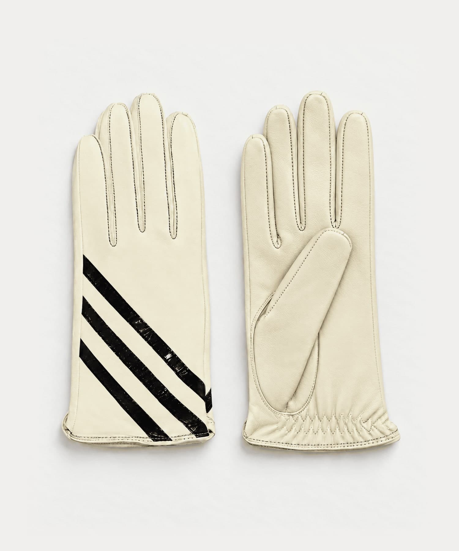 cream nappa leather gloves with three black diagonal stripes, front